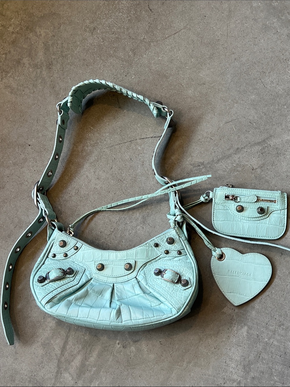 Balenciaga Mint Croc-Embossed Shoulder Bag with Heart Charm and Coin Pouch